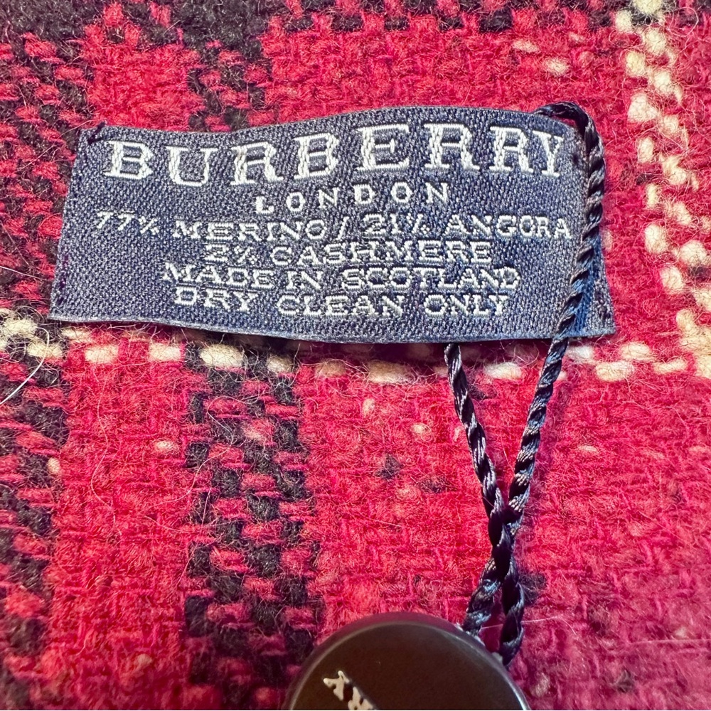 NEW tag Burberry Red Black Plaid Check Happy Fringe Scarf Merino Angora Cashmere - Picture 7 of 11